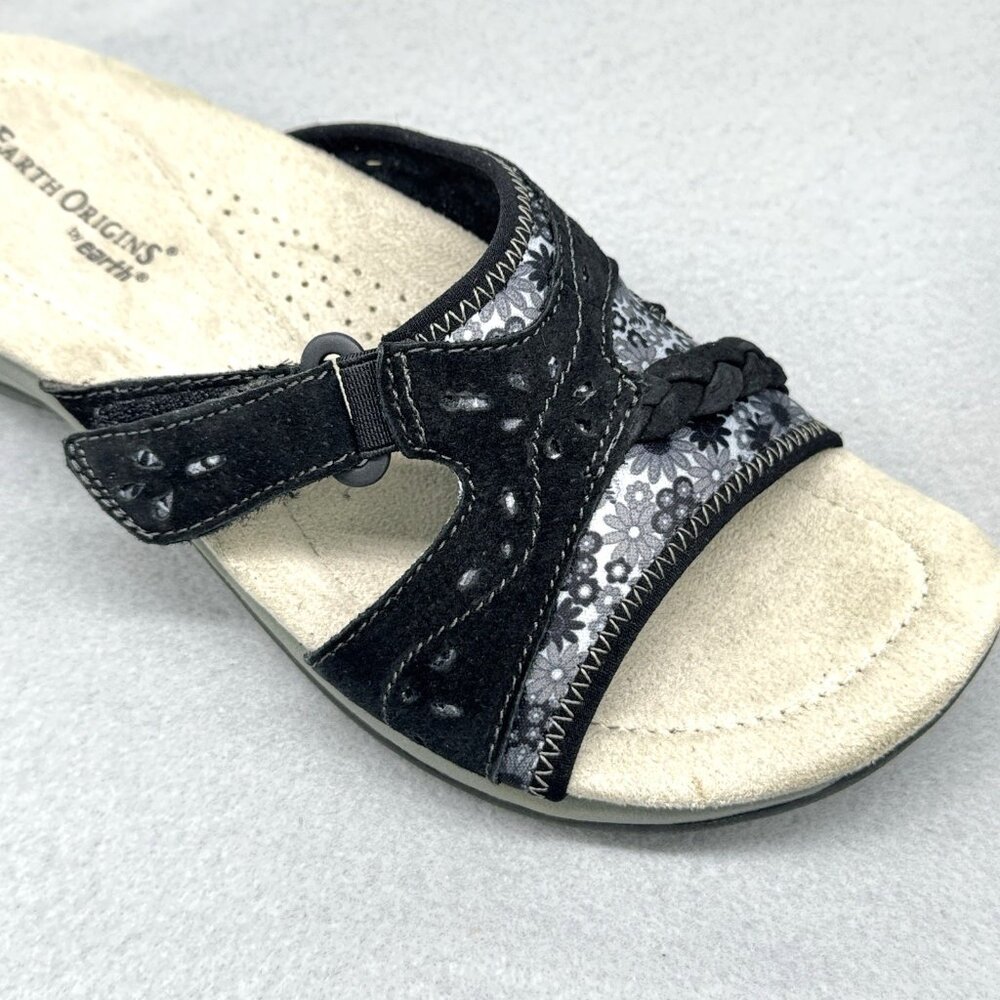 Womens Earth Origins Sandals Black Suede Floral Slides Adjustable Sander Sz 8.5 - Picture 3 of 10